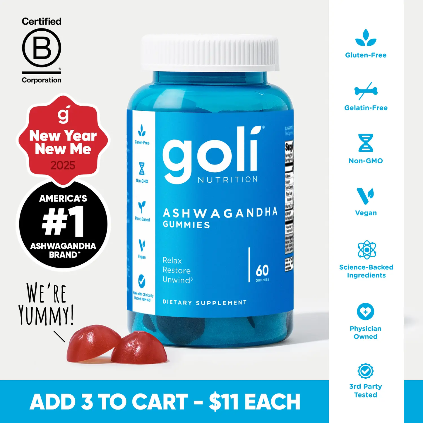 Goli Ashwagandha & Vitamin D Gummies - Delicious Mixed Berry Flavor, Vegan, Non-GMO, Gluten-Free & Gelatin-Free for Relaxation & Wellness