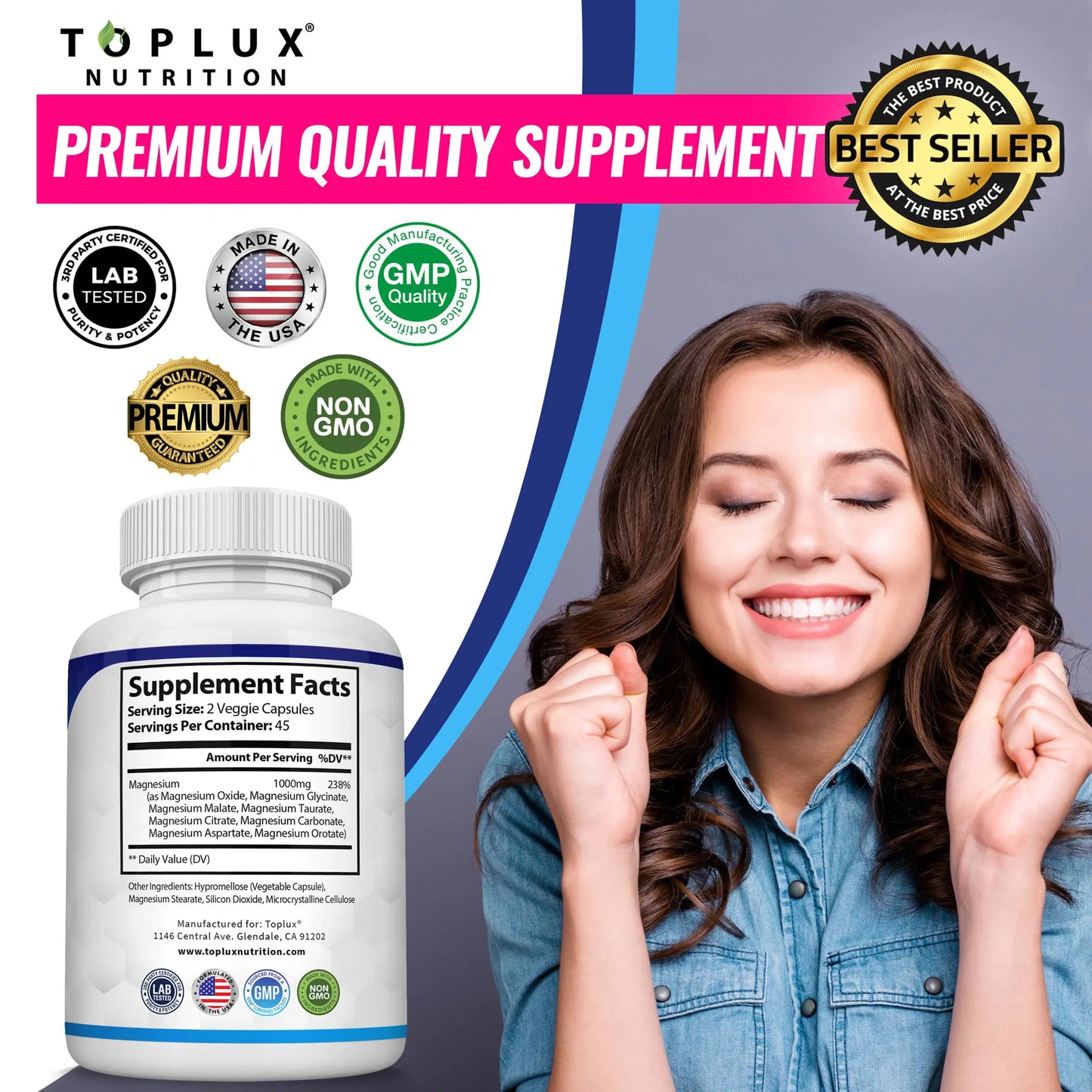 Unlock the Power of Wellness with Toplux Magnesium Complex - 8 Essential Magnesium Forms, 1000mg Capsules