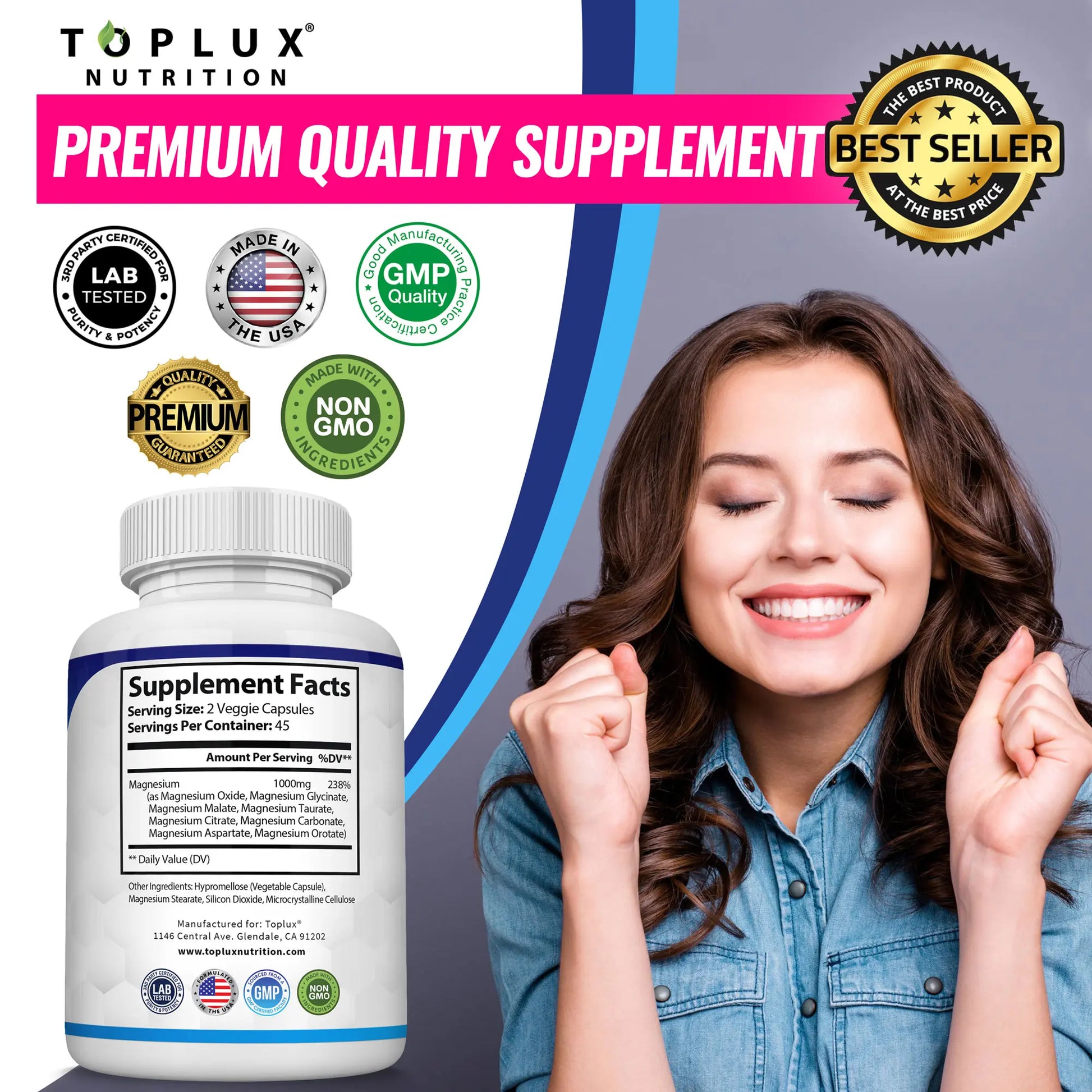 Unlock the Power of Wellness with Toplux Magnesium Complex - 8 Essential Magnesium Forms, 1000mg Capsules