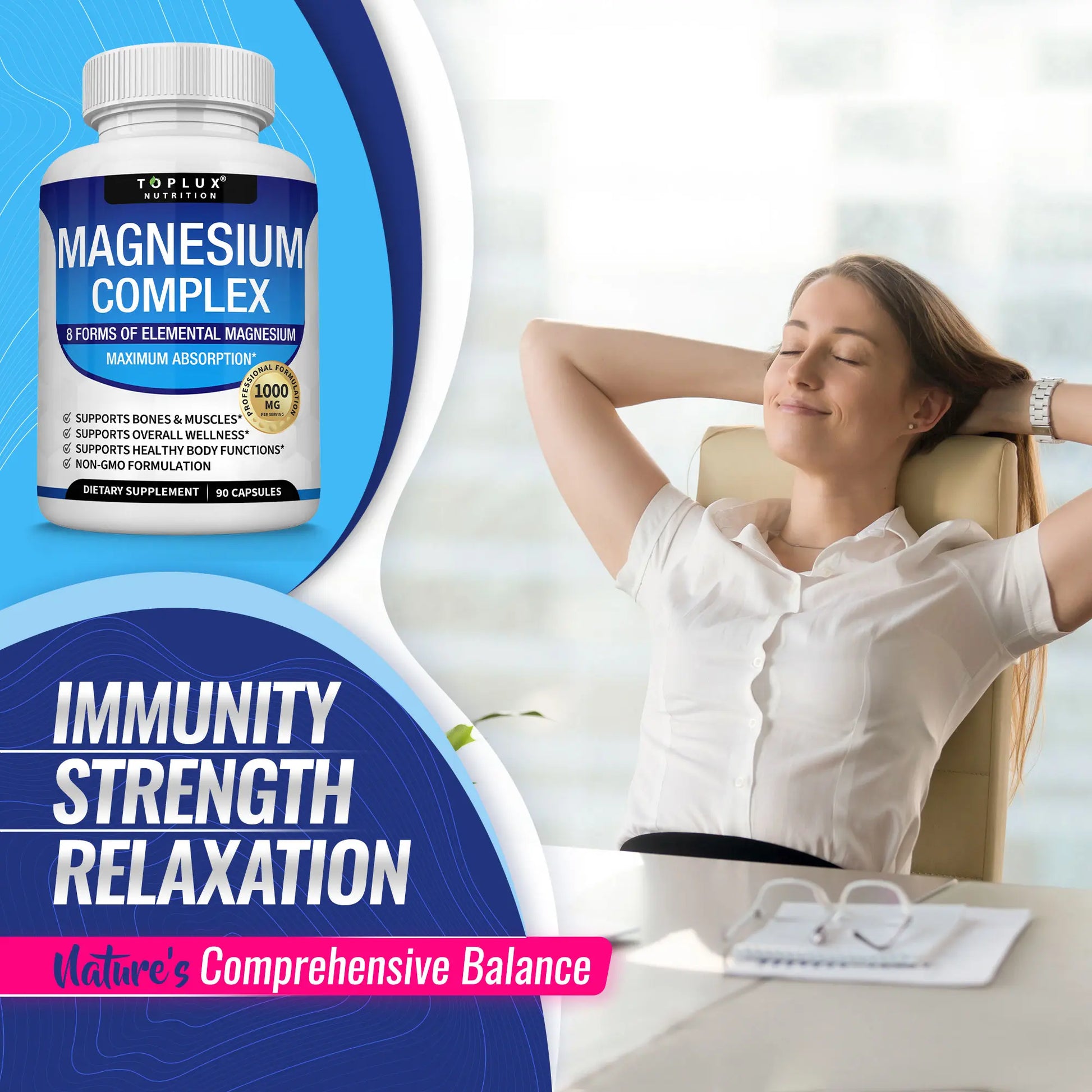 Unlock the Power of Wellness with Toplux Magnesium Complex - 8 Essential Magnesium Forms, 1000mg Capsules