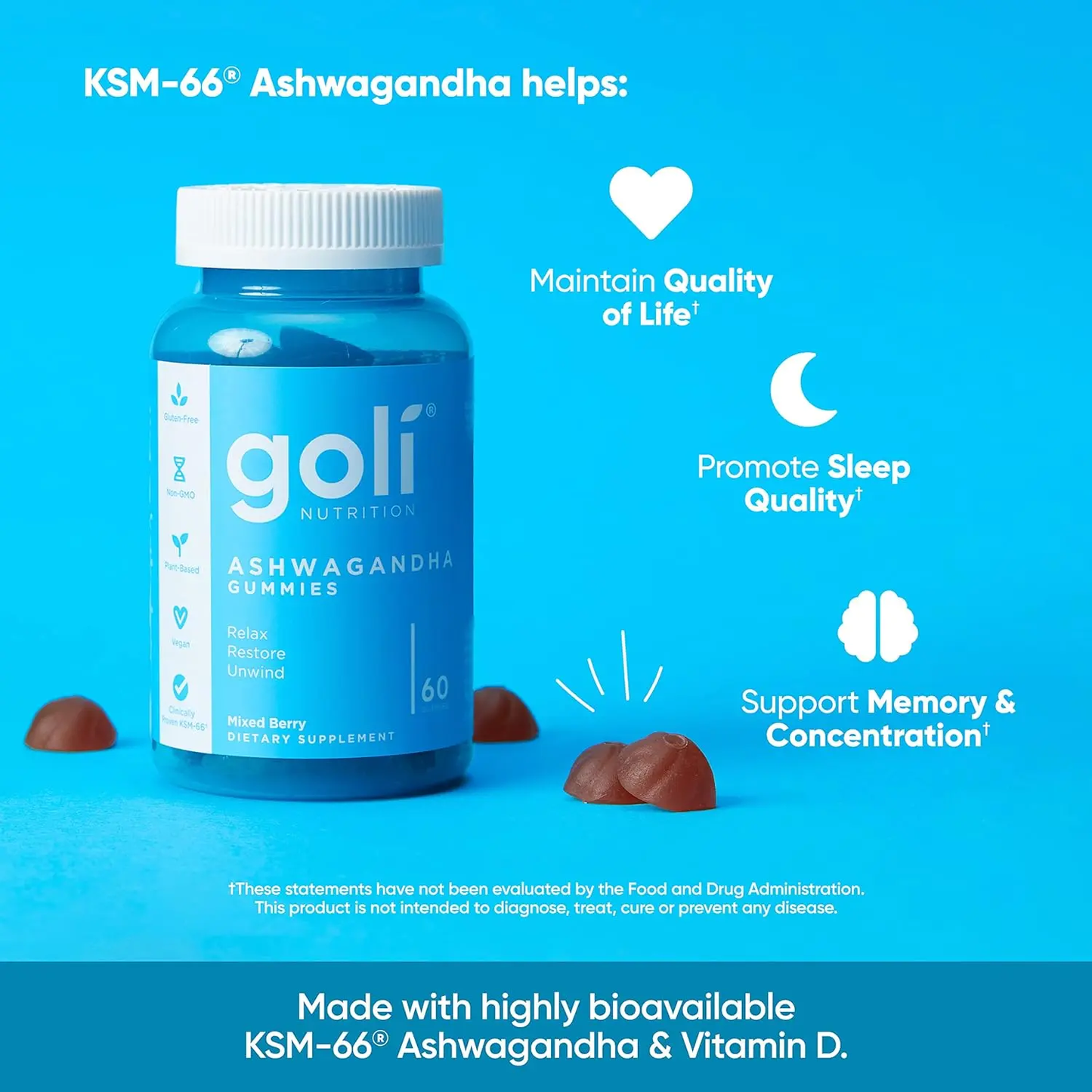 Goli Ashwagandha & Vitamin D Gummies - Delicious Mixed Berry Flavor, Vegan, Non-GMO, Gluten-Free & Gelatin-Free for Relaxation & Wellness