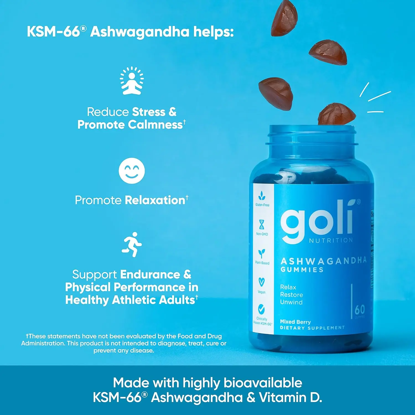 Goli Ashwagandha & Vitamin D Gummies - Delicious Mixed Berry Flavor, Vegan, Non-GMO, Gluten-Free & Gelatin-Free for Relaxation & Wellness