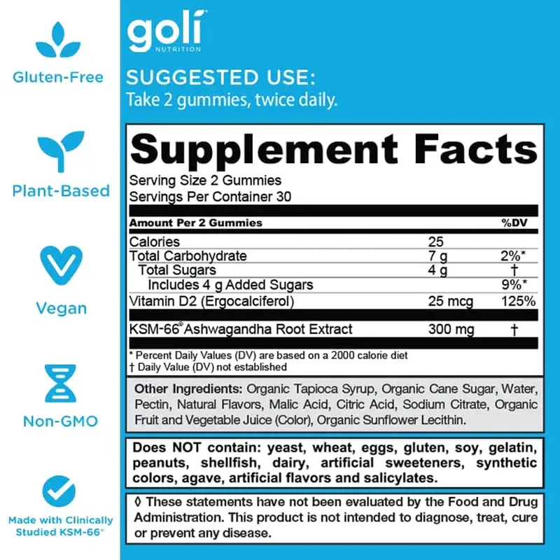 Goli Ashwagandha & Vitamin D Gummies - Delicious Mixed Berry Flavor, Vegan, Non-GMO, Gluten-Free & Gelatin-Free for Relaxation & Wellness