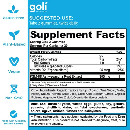 Goli Ashwagandha & Vitamin D Gummies - Delicious Mixed Berry Flavor, Vegan, Non-GMO, Gluten-Free & Gelatin-Free for Relaxation & Wellness