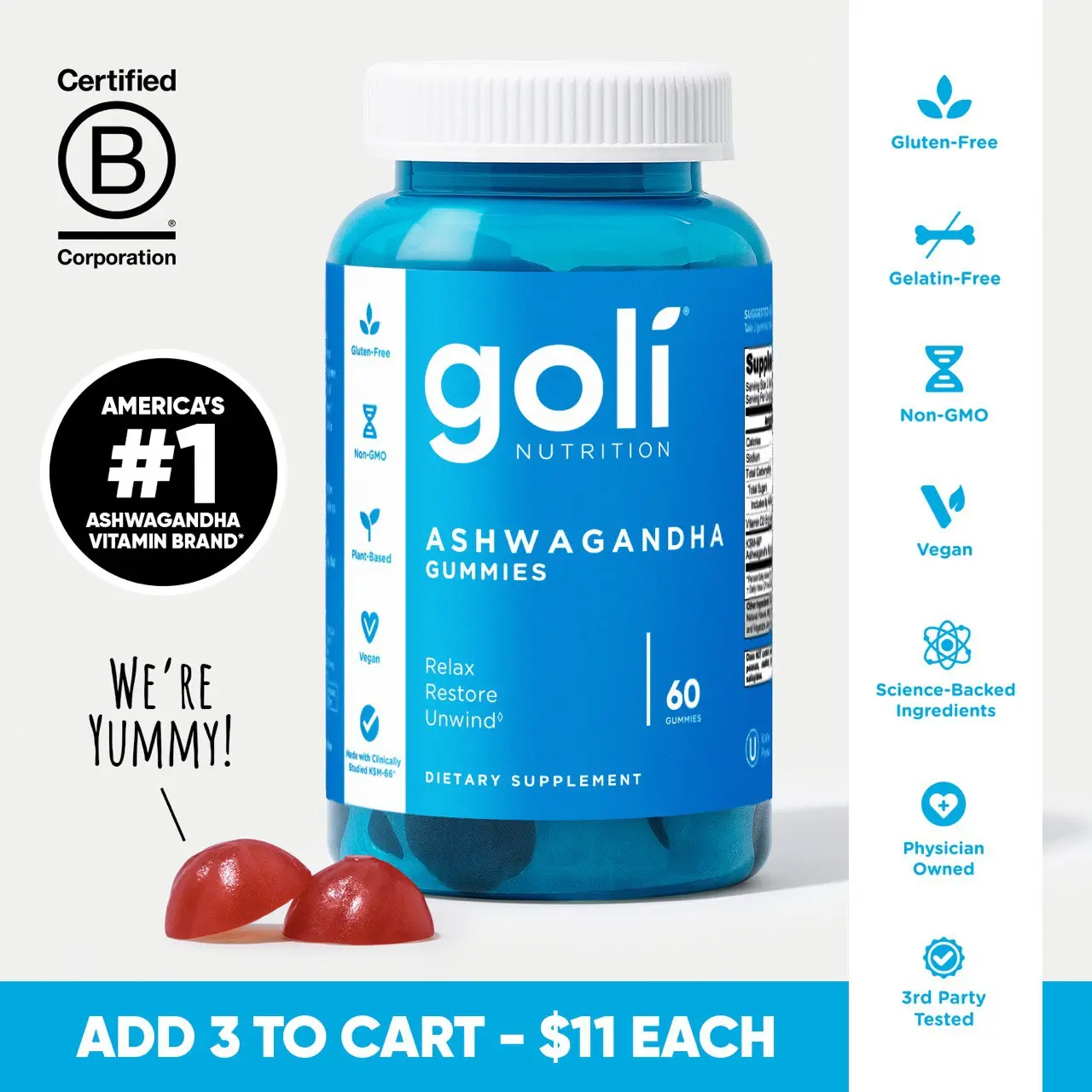 Goli Ashwagandha & Vitamin D Gummies - Delicious Mixed Berry Flavor, Vegan, Non-GMO, Gluten-Free & Gelatin-Free for Relaxation & Wellness