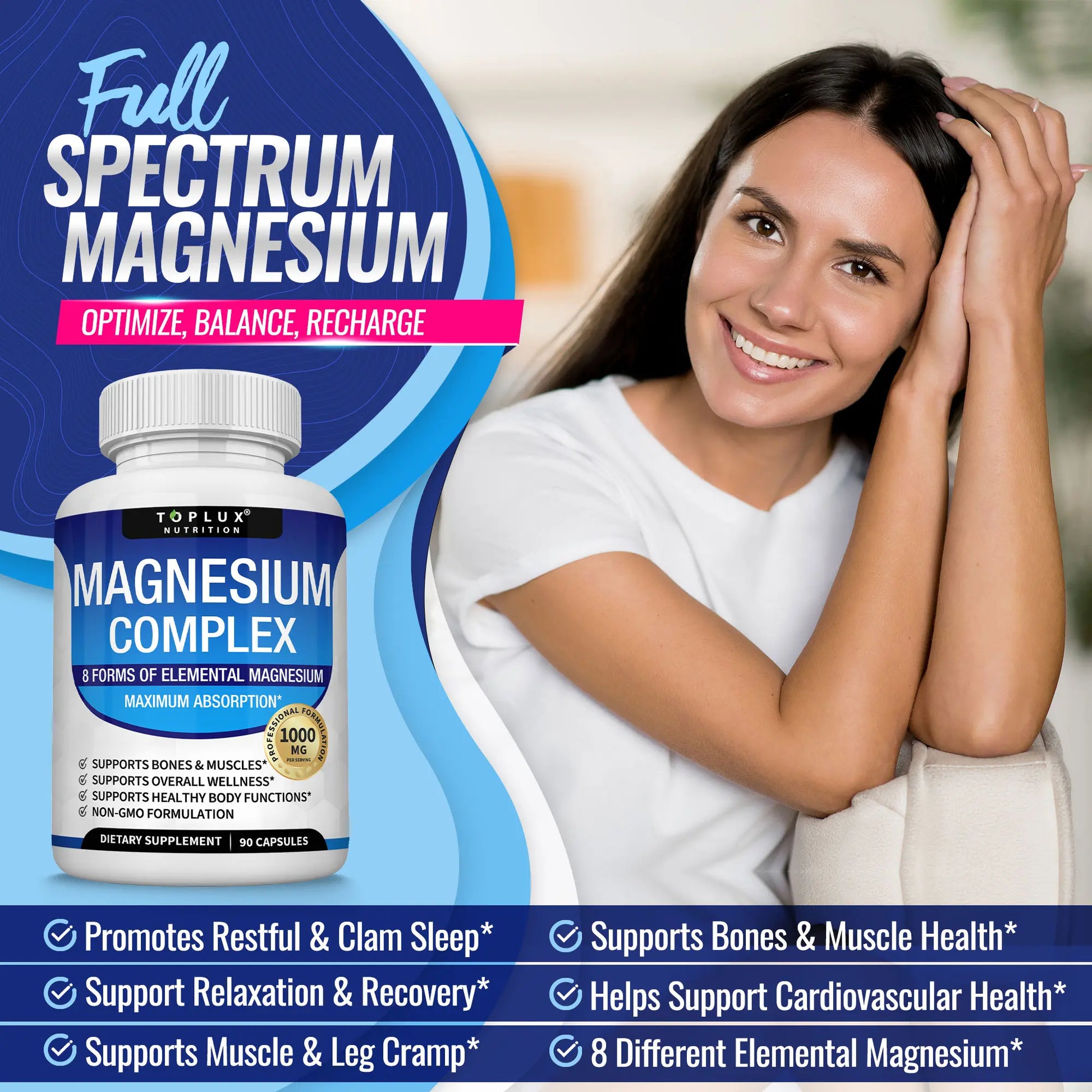 Unlock the Power of Wellness with Toplux Magnesium Complex - 8 Essential Magnesium Forms, 1000mg Capsules